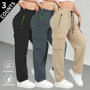 3-Pack Women's Multi-Pocket Summer Thin Sweatpants - Adjustable Drawstring Waist Non-elastic Machine Washed Fabric Fitness Pants, Light and skin-friendly fabric, smooth to the touch Suitable for indoor sports and summer outdoor sports