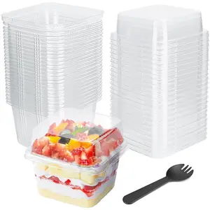 25 count 8oz Mini Square Clear Dessert Cups with  and Spoons,Plastic Ice Cream Containers,Fruit Cups with Lid for Party,Disposable Dessert Cups for Fruit,Salads,Cupcakes,Parfait,Pudding