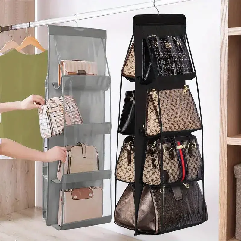 6 or 8 Pocket Hanging Bag Organizer with Foldable Space Saving Design, Large Capacity Closet and Wardrobe Storage Rack for Handbags, Purses and Tote Bags, Durable Transparent Compartments for Home Organization and Daily Bag Display