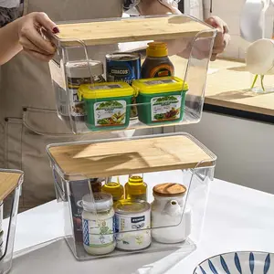 Stackable Kitchen Storage Rack with Bamboo Panels, Plastic Bins, Flip Lid, Open Shelves, Dishwasher Safe, Model Xinghao F93