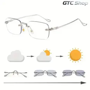 Unisex Photochromic Anti Glare Rectangular Metal Glasses, Stylish Frameless Fashion Eyewear, Comfortable Daily Commute & Office Work Eyeglasses #summervibes