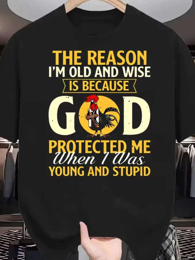 [ Graphic T-Shirt] Black Plus Size Casual Tee for Men - Humorous Design 'THE REASON I'M OLD AND WISE IS BECAUSE GOD PROTECTED ME When I Was YOUNG AND STUPID' with Colorful Text And Red-Roo,clothes for back to school,first day of school outfits