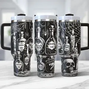 Halloween Witch's Brew 40oz Tumbler Stainless Steel With Handle & Straw, Gothic Apothecary Potion Bottle Cup, Witch's Brew, Dragon's Tears, Hemlock Root, Love Potion, Spider Venom, Zombie Tonic, Poison Apple Cider, Dark Aesthetic Travel Flasks