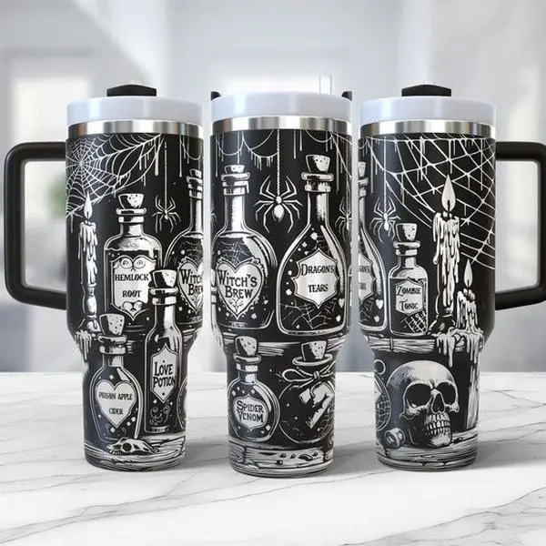 Halloween Witch's Brew 40oz Tumbler Stainless Steel With Handle & Straw, Gothic Apothecary Potion Bottle Cup, Witch's Brew, Dragon's Tears, Hemlock Root, Love Potion, Spider Venom, Zombie Tonic, Poison Apple Cider, Dark Aesthetic Travel Flasks