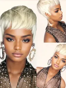 613 Blonde Color Straight Human Hair Wig for Women Pixie Cut Wig Halloween Wig Full Machine Made Wig 150% Density 6 Inch
