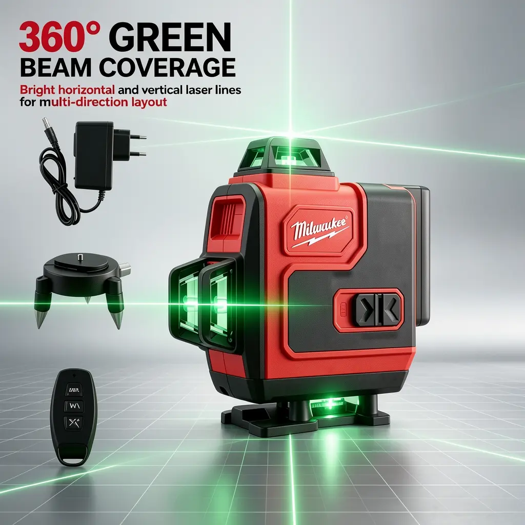Milwaukee 16-Line Green Laser Level Full Kit - 360-Degree Self-Leveling Construction Tool, Wireless Remote, Red Carrying Bag, Charger, Base, Precision Alignment, Stable Power Output, Heavy-Duty Fastening Drill