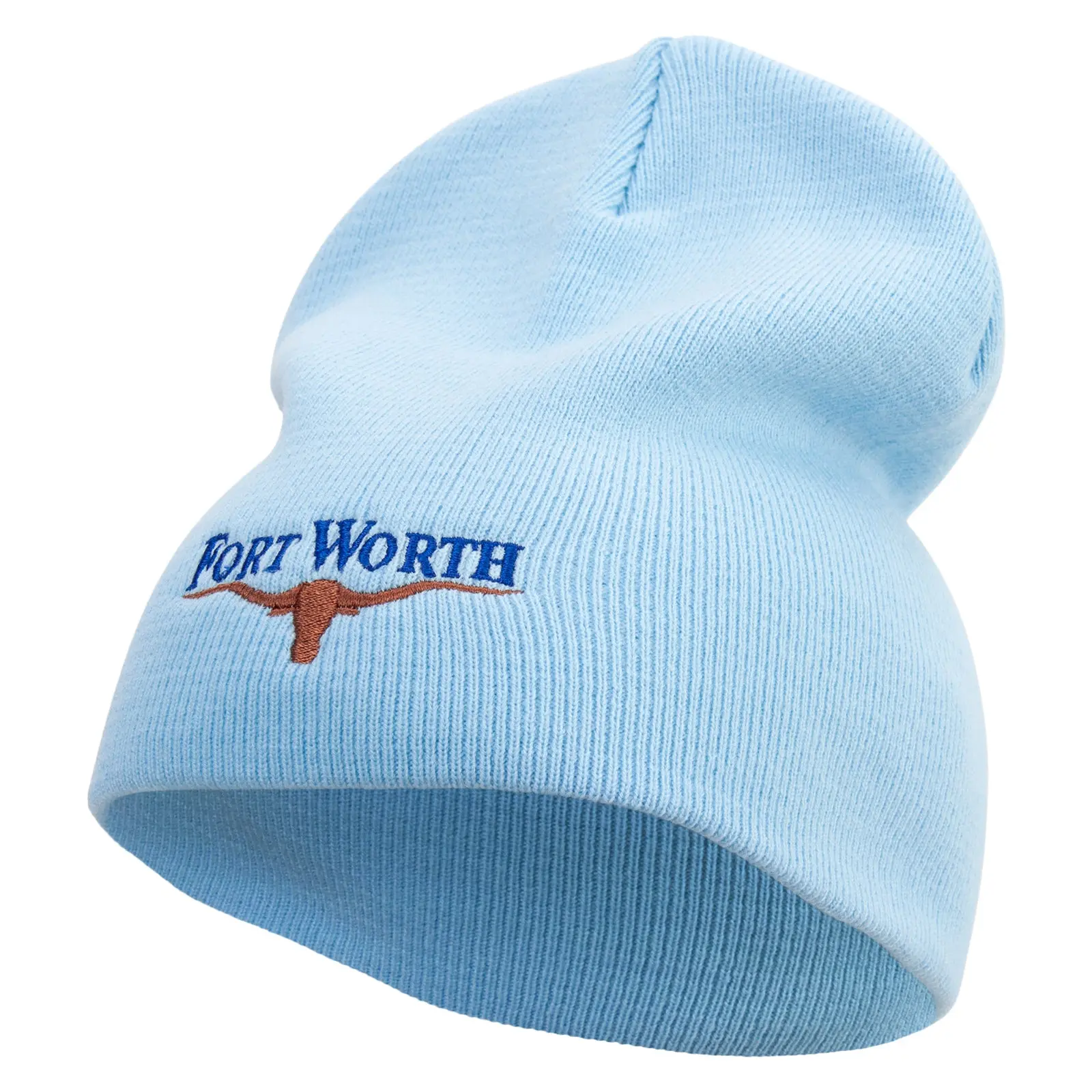 Fort Worth with Bull Logo Embroidered 8 Inch Solid Knit Short Beanie