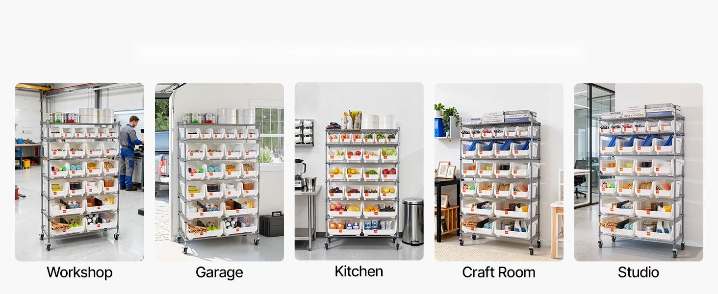 7-Tier Rolling Bin Storage Rack With 22 Organizer Bins, Bin Rack Storage Steel Wire Shelving System On Wheels, Mobile Tool Organizer For Garage, Warehouse, Office, Restaurant, Classroom, Kitchen