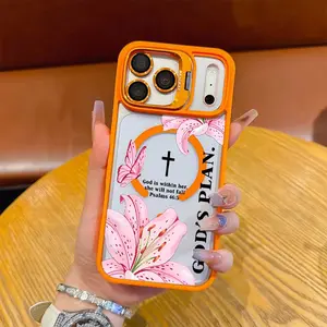 Flip Lens Kickstand Contrast Border God's Plan Cross Pink Hibiscus Faith Text Magnetic Phone Case,With For Iphone17 Pro Max,16, 15, 14 ,13,12And 16Plus. It Makes A Perfect Gift For Birthdays, Holidays
