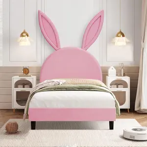 VECELO Twin Upholstered Bed Frame Cute Girls Bed, Velvet Bunny Ears Headboard, Wood Slats Support, No Box Spring Required, Pink Blue Beige