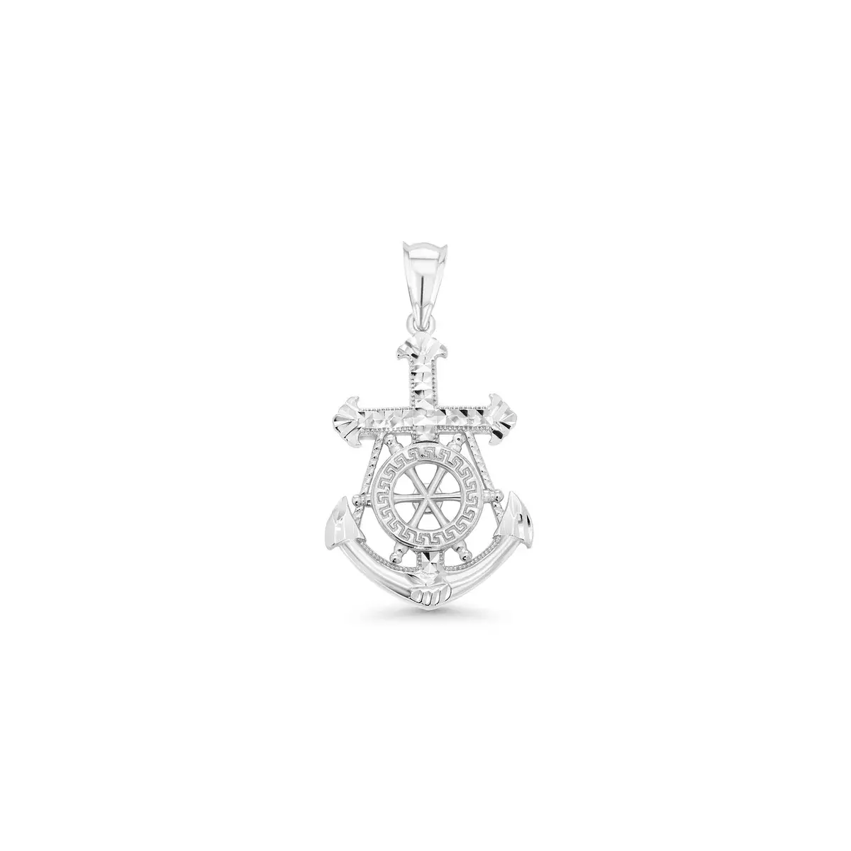 Unisex 925 Real Silver Rhodium-Plated Diamond Cut Mariner Anchor Motif Pendant with Greek Key Design - 925 Silver Necklaces & Pendants, Sparkling Nautical Daily Wear Jewelry, Sparkling Silver Necklaces & Pendants
