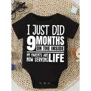 Cute Baby Bodysuit With I Just Did 9 Months On The Inside My Parents Are Now Serving Life Print Soft Versatile Round Neck Button Detail Regular Fit All Seasons Knitted Fabric Onesie