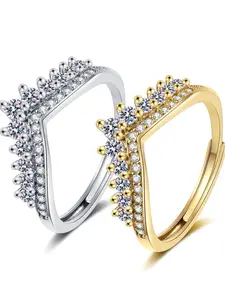 Artificial Zircon Ring, Luxurious V-Shape Wishbone Princess Crown Couple Engagement Ring, Perfect Wedding Gift for Her