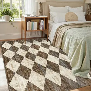 Washable Area Rug, Soft & Comfortable Cream and Dark Brown Diamond Geometric Distressed Pattern For Living Room, Bedroom, Dining Room, Furniture Decor Aesthetic, Non-Slip Rubber Backing