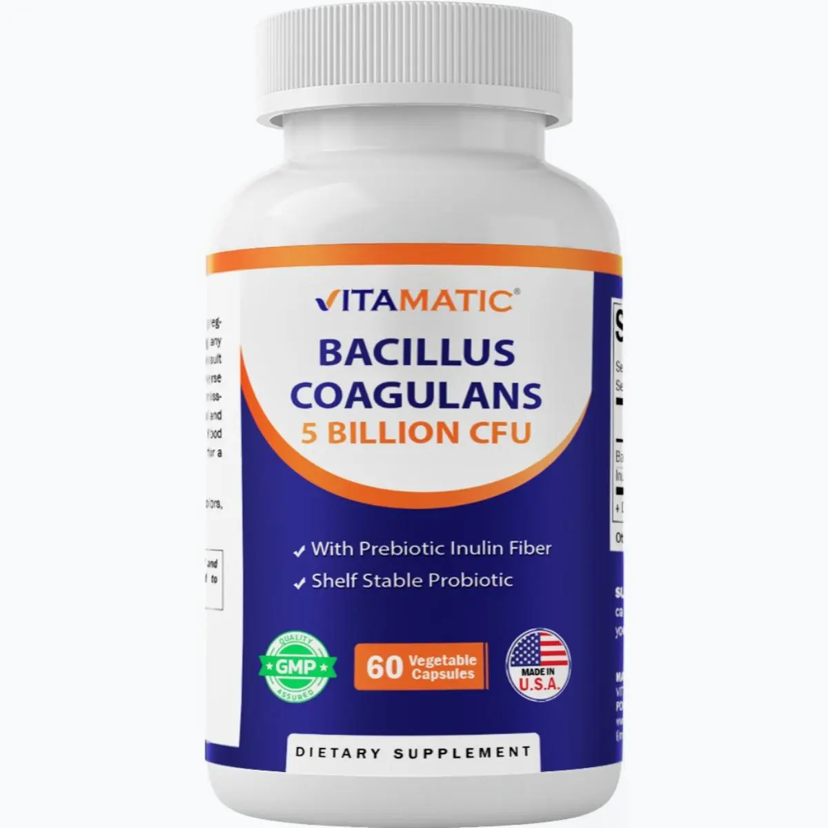 Vitamatic Bacillus Coagulans Probiotic & Prebiotic Fiber Dietary Supplement Capsules - Shelf-Stable, Stomach Acid-Surviving, GMO-Free, No Artificial Flavors/Preservatives - Gut Support for Adults - 60 Vegetable Capsules