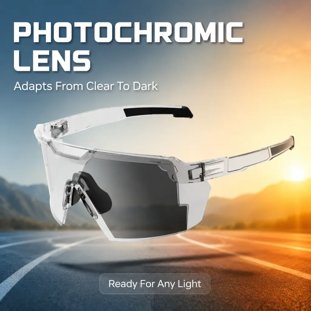 UV400 Photochromic Sports Sunglasses for Men Women, ANSI Z87+ Certified Clear Frame Transition Auto-Tinting Cycling Glasses