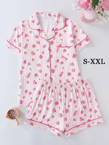 Women's Ditsy Floral Print Lapel Neck Top & Shorts Pyjama Two-Piece Set, Elegant Comfy Short Sleeve Collared Top & Shorts PJ Set, Ladies Sleepwear for All Seasons, Loungewear