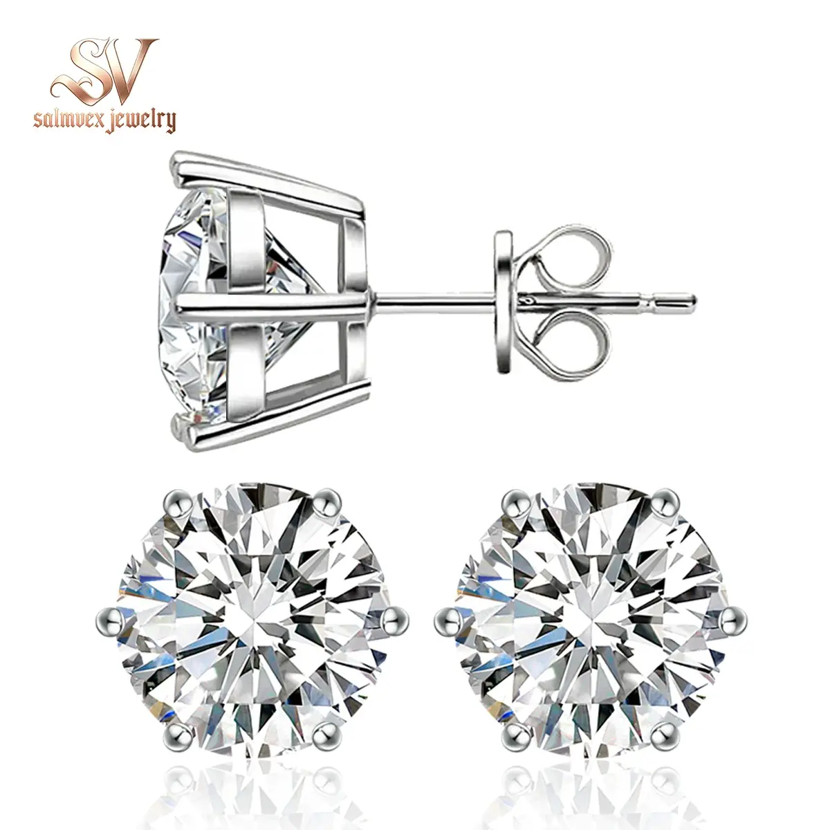 Salmvex Jewelry Six Prong Solitaire Stud Earrings Lab-Created Moissanite Earrings S925 Sterling Silver Moissanite Jewelry Perfect Birthday Mother’s Day Unisex Christmas Gift for Men Women Wedding Set