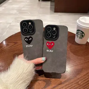 PLAY Leather Phone Case for iPhone 17, 16, 15, 14, and the latest 17 Pro Max Classic Heart Design Shockproof & Scratch-Resistant Couple's Edition Niche iPhone Series Premium Gray Suede Texture