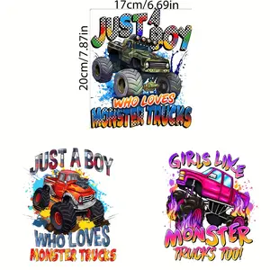 3pcs/set Fun Monster Truck Washable Iron-On Heat Transfer Stickers, Vinyl Material, Heat Pressed Decals for DIY Clothing T-Shirt Mask Jeans Backpack, Car