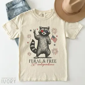 America 250th Anniversary Shirt, Feral but Free Patriotic Raccoon, USA 250th Anniversary Comfort Colors Shirt, USA Flag 4th of July T-Shirt