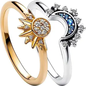 European and American Simple Shiny Sun Moon Blue Inlaid Diamond Stackable Celestial Couple Ring Set