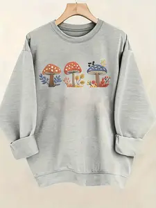 BANGELY Women'S Cozy Green Mushroom Graphic Sweatshirt - Soft, Long Sleeve Pullover with Playful Mushroom & Leaf Design, Round Neck, Casual Style, All-Season Comfort, Mushroom Decor