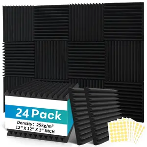 24 packs of acoustic foam wedge 1 inches x 12 inches x 12 inches, soundproofing foam noise reduction foam, with 120 pieces of double-sided tape