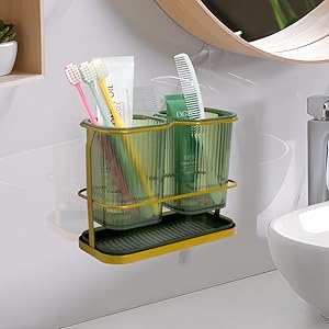 Countertop Toothbrush Holders, Wall Mounted Tooth Brush Toothpaste Holder for with Hook, 2 Cups Toothbrush Organizer with Drain Tray Accessories (Green)