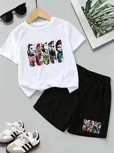 Terror Movie Character Accessories-Horror Clown/Jason/Chagui Print Children's Top And Pants Set-Summer New Style Boys' And Girls' Short-Sleeved T-Shirt+Shorts 2-Piece Set,Comfortable,Casual,Fashionable,Daily And Outdoor Versatile#Gift#Essential For School