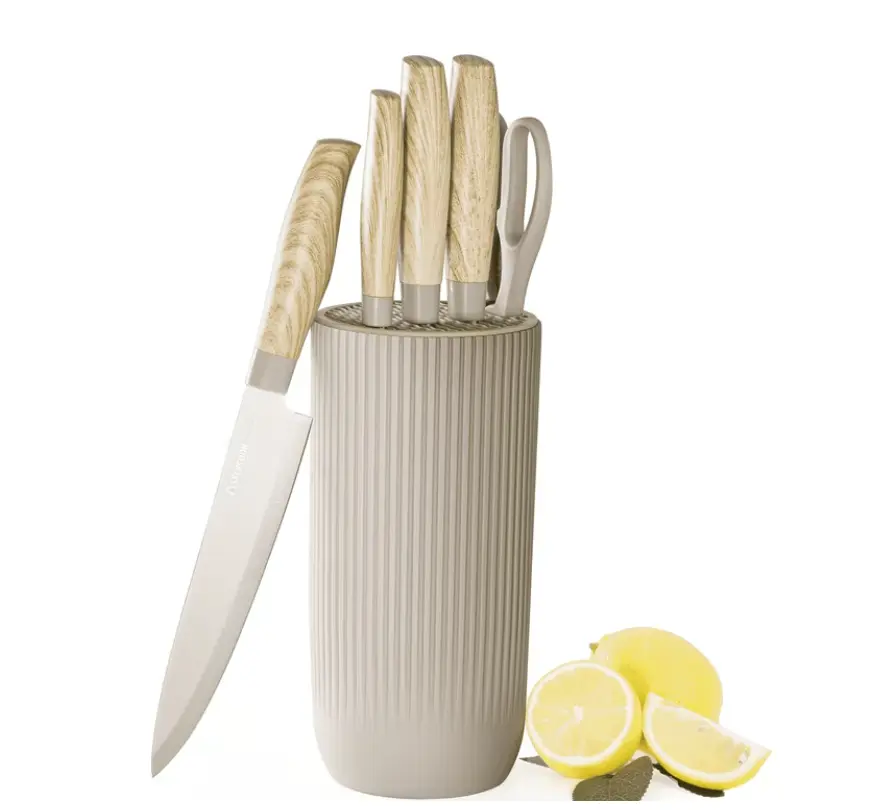 Kitchen Knife Set 6 Pieces with Block, Khaki Stainless Steel Knives, Healthy Anti-Rust Coating, Dishwasher Safe, Holiday Gift