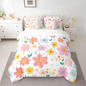 Cute 7 Piece Bedding Set,Cartoon Cute Floral Bed in a Bag with 1 Comforter,2 Pillowcases,1 Flat Sheet,1 Fitted Sheet,2 Cushion Cover, Breathable Soft Blanket, Cartoon Pattern Blanket