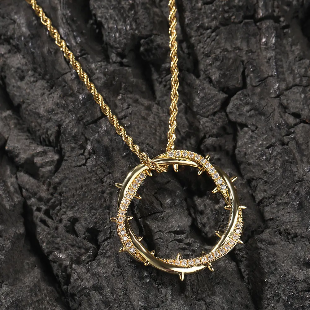 Crown Of Thorns with Cross Nails Pendant Iced Out Necklace for Women and Men 14K Gold Plated 5A CZ Necklace,Fashion Hip Hop Jewelry, Gift for Him