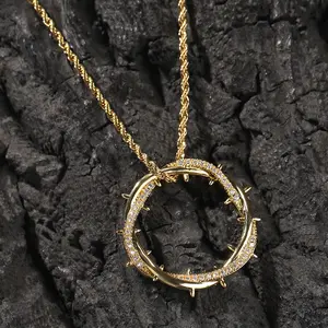 Crown Of Thorns with Cross Nails Pendant Iced Out Necklace for Women and Men 14K Gold Plated 5A CZ Necklace,Fashion Hip Hop Jewelry, Gift for Him