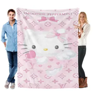 Sanrio Luxury Monogram Hello Kitty Blanket,Soft Flannel Throw,Wing Bow Cartoon Design For Bed Couch,Pink Throw Blanket,All Season Cozy Sofa Cover