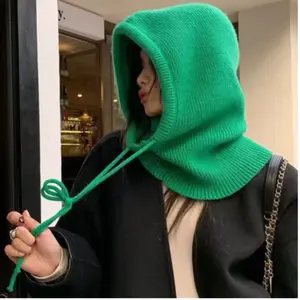 Knitted Hooded Caps Winter Balaclava Hats Women Korean Style Outdoor Warmer Drawstring Hats One-piece Neck Collar Beanies Cap