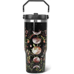 30 oz Goth Moon Tumbler with Handle Flip Straw Goth Flower Coffee Mug Leak Proof Insulated Cup Water Bottle Gifts for Witchy Lover
