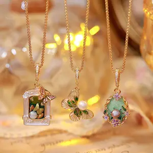 Vintage Monet Garden Enamel Pendant Necklace, 18K Gold Plated Baroque Pearl Necklace, Dainty Luxury Sweater Chain, Trendy 2026 Jewelry Gift for Her