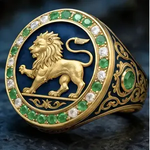 Men’s Vintage Crest Lion Ring – Dark Blue Enamel & Gold Lion Signet Ring, Classic Statement Jewelry