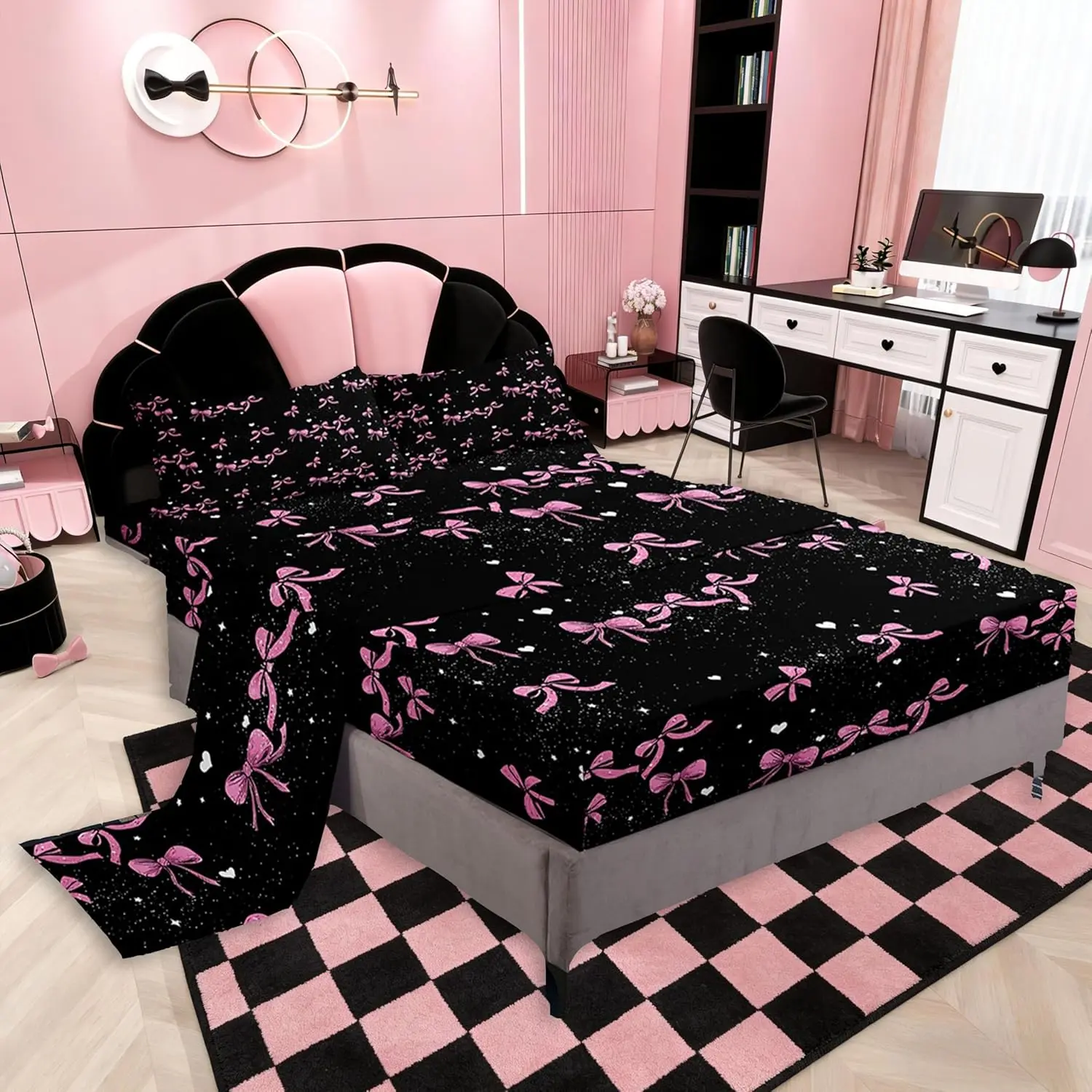 Pink Bow Bed Sheets Set Bowknot Bed Set for Kids Boys Girls Butterfly Bowknot Deep Pocket Fitted Sheet Bow-tie Breathable Soft Lightweight Microfiber