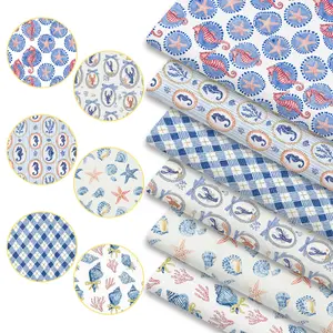 6pcs Preppy Blue Marine Life Print Fabric Bundles, 45cm*50cm/17.72in*19.69in Ocean Creatures Fabric Squares for Quilting, Patchwork Sewing Material for Bedding, Tablecloth, Bags, Masks, Hats, Headbands, Pillowcases