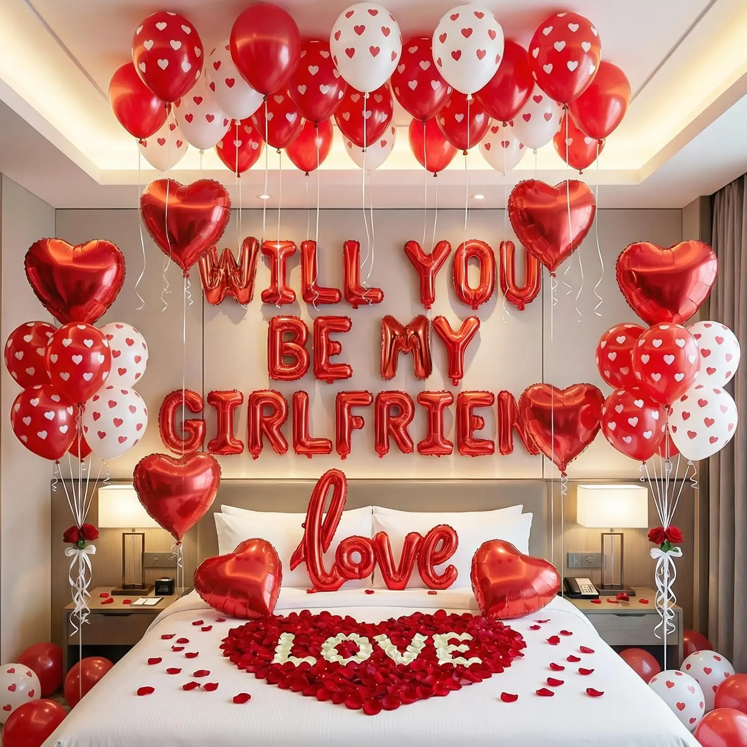 Will You Be My Girlfriend Balloon Letters in Red with Heart Foil Balloons, Rose Petals, Printed Balloons – Romantic Room Setup for Proposal, Be My Girlfriend Sign, Valentine’s Day Decorations