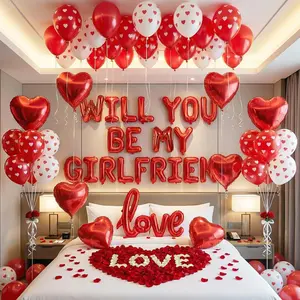 Will You Be My Girlfriend Balloon Letters in Red with Heart Foil Balloons, Rose Petals, Printed Balloons – Romantic Room Setup for Proposal, Be My Girlfriend Sign, Valentine’s Day Decorations