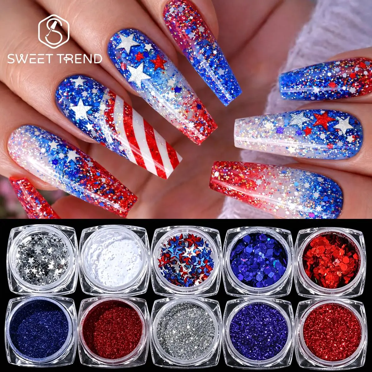 10pcs Independence Day Design Nail Glitter Royal Blue Red Laser Powder&Metal Pigment&Hollow Star Sequin Patriotic Manicure Flash