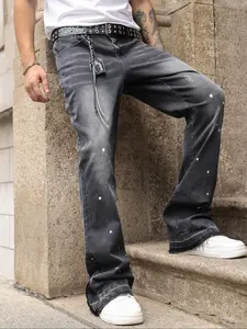 Men's stretch slim fit micro-flare jeans with side zip at the hem, black washed street-style jeans, suitable for daily versatile, comfortable and casual wear, perfect as a gift for boyfriends or husbands.