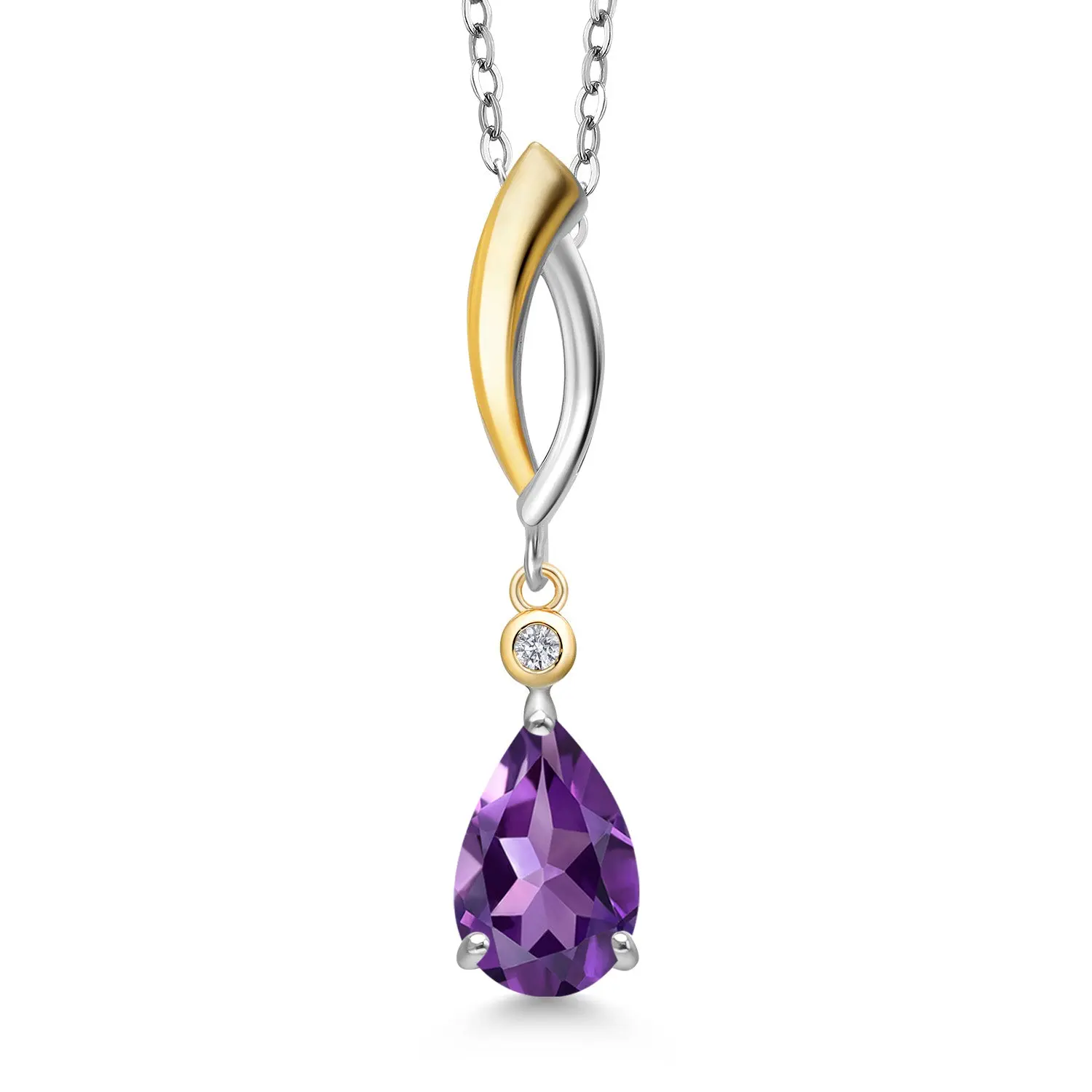 Teardrop Necklace for Women | 925 Silver and 10K Yellow Gold | 9X6MM Pear Shape Gemstone Birthstone and White Lab Grown Diamond Pendant Necklace | With 18 Inch Silver Chain
