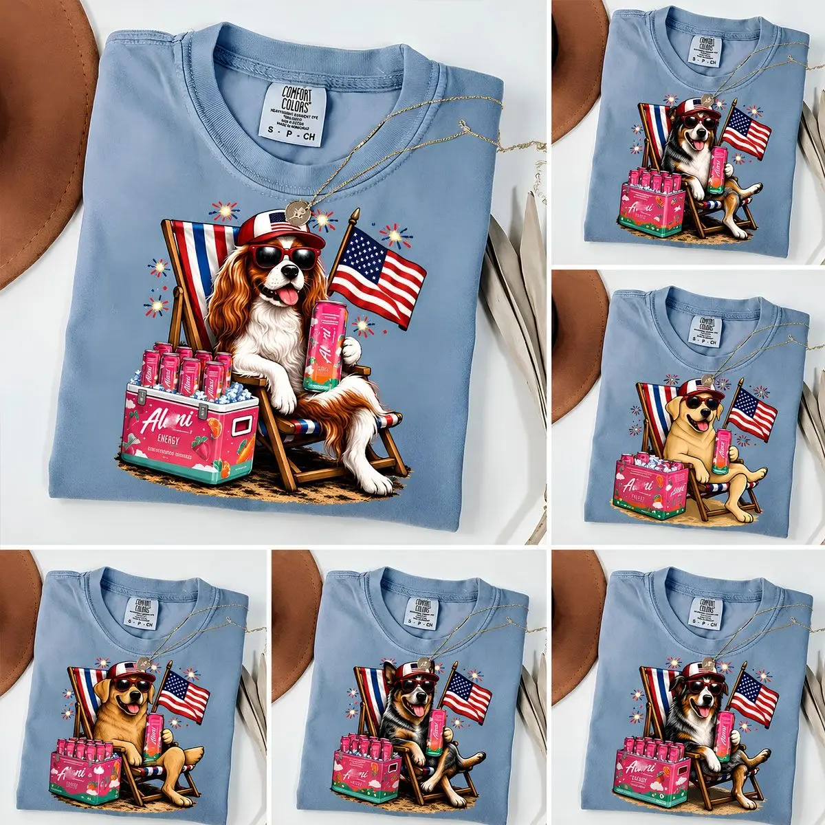 Comfort Colors Blue Jean 50+ Dog Funny 4th Of July Shirt, Retro Labradoodle Pink Strawberry Drink Strawberry American Patriotic Dogs Shirt, Funny Summer Beach Dog Shirt