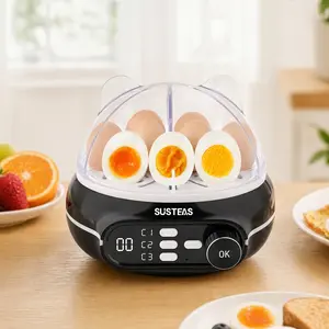 SUSTEAS Timer Egg Boiler - 3 Independent Cooking Zones, 9-Piece Large Capacity, Pre-Set Timing, Voice Reminder, Energy-Saving Design, Egg & Milk Pudding Tray, Versatile Doneness Settings for Family Breakfast summerwins