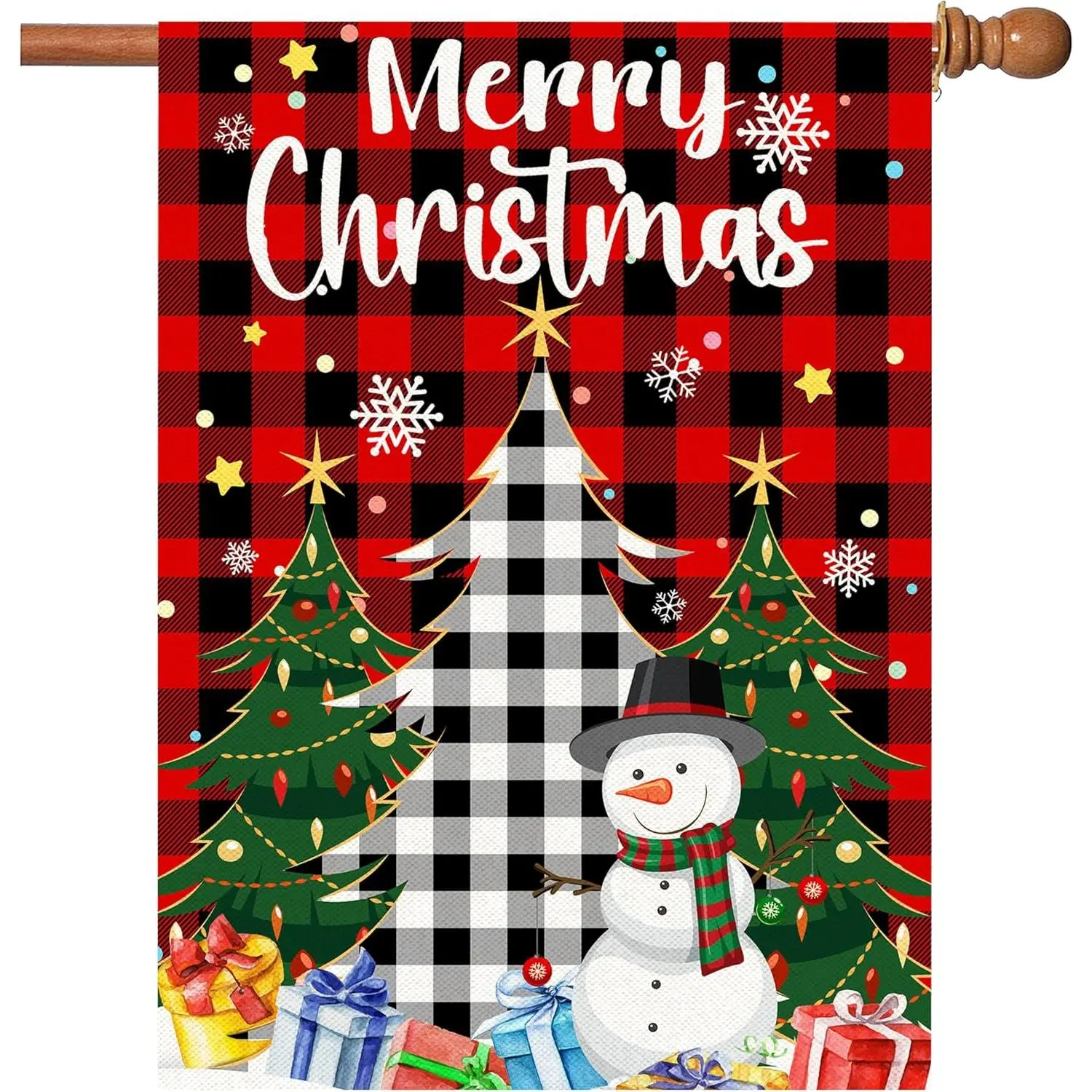Christmas Flag, Christmas Flags 28 x 40 Double Sided, Merry Christmas Tree Snowman with Buffalo Plaid Check Burlap Large Winter House Flag Holiday Banners Decorations for Outdoor Garden Outside Lawn