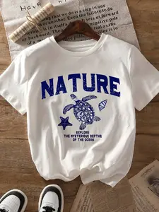 Nature-Inspired Turtle Print Crew Neck T-Shirt - Casual Polyester Blend Knit Fabric with Elastane, Medium Stretch, Regular Fit, Short Sleeve Pullover - Animal Pattern Tee for All Seasons
